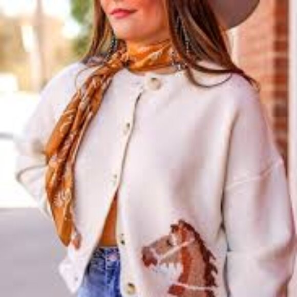 New Western Rodeo Horse Knit Button Front Cardigan Sweater Top Yellowstone - Picture 7 of 7